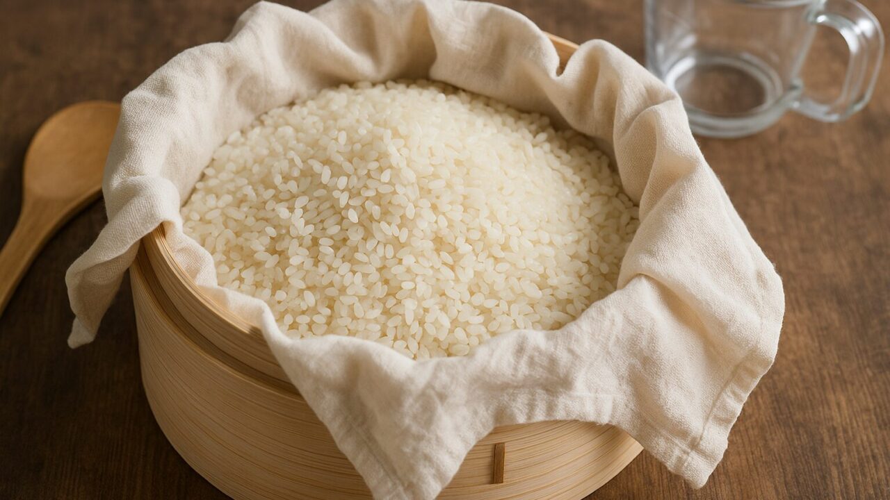 せいろに敷かれた蒸し布と餅米