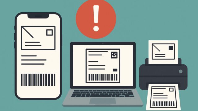 iPhone・PC・プリンターでのクリックポストラベル印刷とエラーを示すイラスト