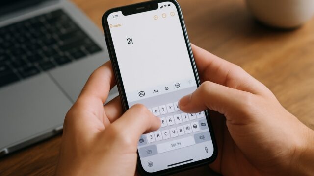 スマートフォンで二乗記号を入力している様子。木の机にラップトップとマグカップが置かれた自然光の中で撮影された手元の写真。