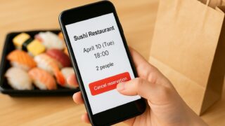 寿司店の予約をキャンセルするスマホ画面と手元。背景にはテイクアウト用の寿司と紙袋
