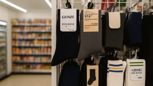コンビニ店内に並ぶビジネスソックスやカジュアルソックスの棚