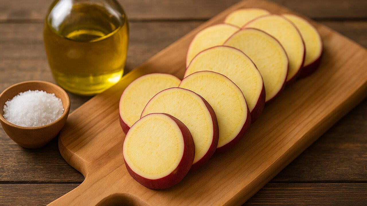 薄切りにしたさつまいもとオリーブオイル、固いさつまいものリメイク調理イメージ