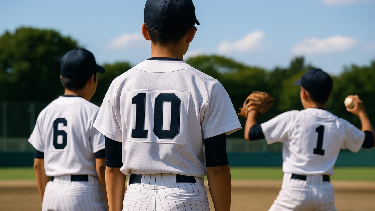 グラウンドで背番号を背負って試合に臨む中学生野球選手の後ろ姿